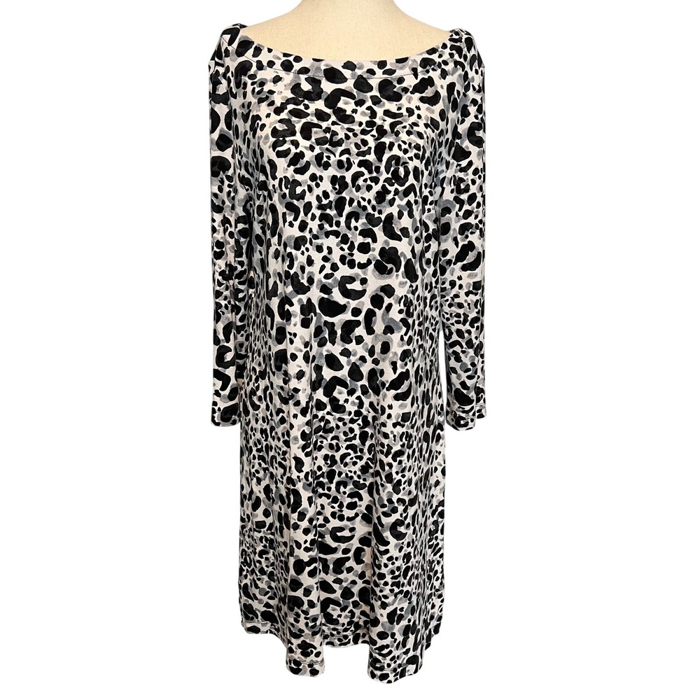 Tommy Bahama Women's Large Shift Dress 3/4 Sleeves Black Leopard Print Boatneck
